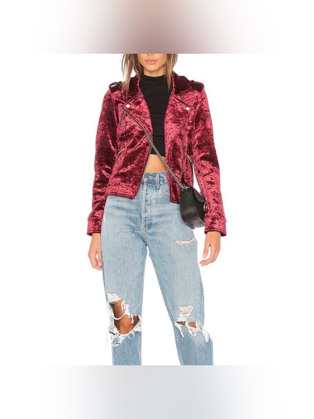 [BLANKNYC] NWOT Crushed Velvet Cropped Asymmetrical Moto Jacket Deep Merlot - M - Picture 7 of 15